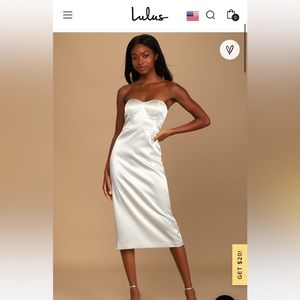 Lulus “party attitude white satin strapless midi dress”